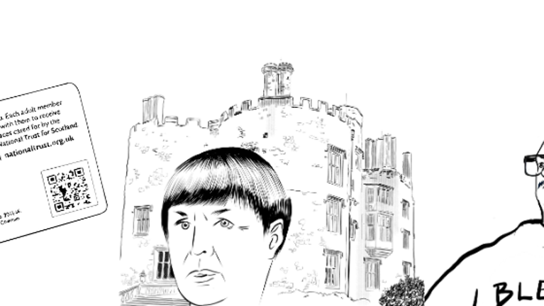 Three of the Tin Droi commission drawings, including a drawing of a members card, and the characters 'AirBnB cleaner' at Powis Castle and the 'Man who loves clothes'
